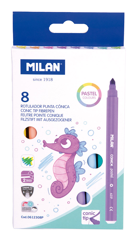 244535-EC Flomasteri 8/1 MILAN konusni vrh pastelne boje perivi karton bls P12/72